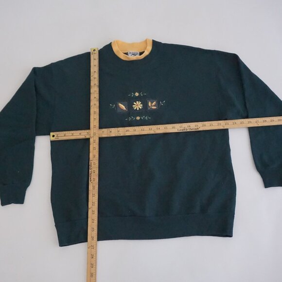 Vintage Whim Z Hunter Green Floral Leaf Sweatshirt Gold Contrast Collar Fall L - Picture 2 of 9